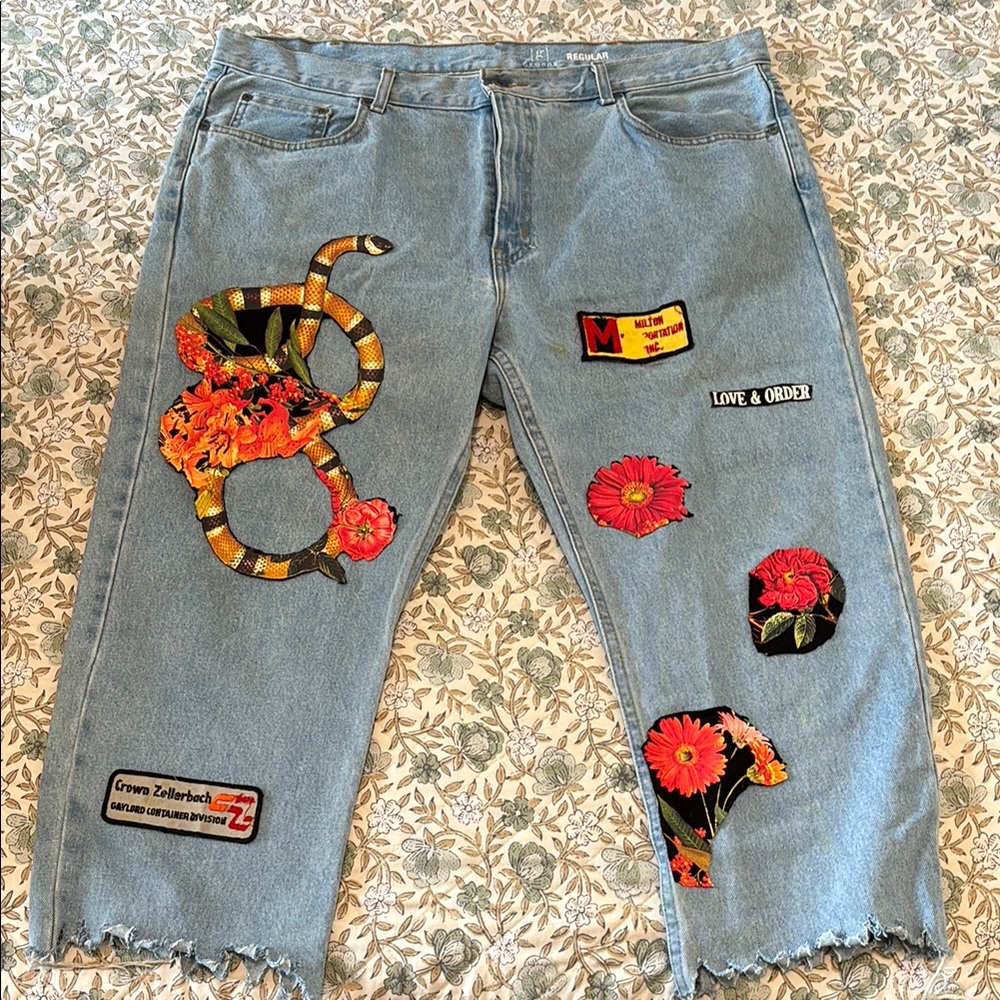 George Blue Straight Jeans with Artistic Embellishments. CUSTOM MADE NEVER WORN
